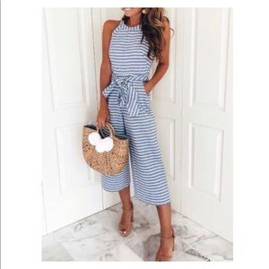 Blue and white striped jumpsuit